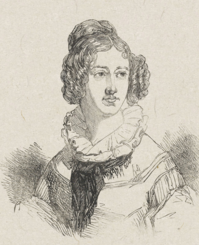Portrait of Cornelia Scheffers-Lamme, print, printmaker: van Arum, after drawing by Coenraad Hamburger, 1819 - c. 1921, paper, wood engraving, height 78 mm x width 64 mm, Person, Cornelia Scheffer-Lamme, portrait, self-portrait of artist, historical persons - BB - woman, A black ink line drawing of a person from the chest up on a light textured background, showing a face with wavy hair styled up and curls at the sides, slightly arched eyebrows, detailed eyes looking off to the side, a straight nose, and closed lips; the figure wears a ruffled collar and layered clothing with visible folds and cross-hatched shading, and fine pen strokes indicate texture in the hair, garment, and surrounding area.