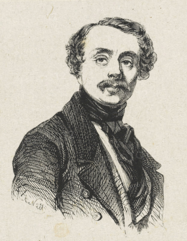 Portrait of Gustave Adolphe Simoneau, print, printmaker: Adolphe Frédéric Nett, after drawing by Gustave Adolphe Simonau, 1832 - c. 1900, paper, wood engraving, height 68 mm x width 53 mm, Person, historical persons, portrait, self-portrait of artist, A black ink line drawing of a man from the chest up on a pale textured background, showing a curly hairstyle, arched eyebrows, mustache, and a neutral mouth. He wears a high-collared coat with visible lapels and buttons, a scarf or cravat around his neck, and a vest beneath. The illustration uses crosshatching and fine lines for shading and texture, with the figure turned slightly to one side and the gaze directed forward.