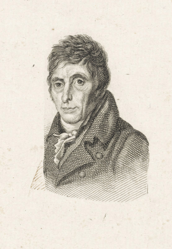 Portrait of Abraham van Strij, print, after drawing by Pieter Christoffel Wonder (possibly), 1790 - c. 1902, printmaker, paper, engraving, height 103 mm x width 81 mm, Person, Abraham van Strij (I), historical persons, portrait, self-portrait of artist, A monochrome engraved portrait of a man shown from the chest upward, featuring short, wavy hair and a solemn facial expression with detailed etched eyes, nose, and mouth; he wears a high-collared coat with visible lapels and buttons over a cravat or neck cloth, all rendered with fine crosshatching and line work on a textured, lightly speckled paper background.