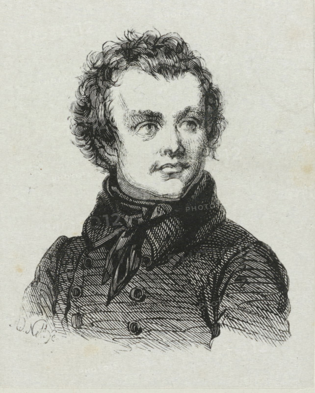 Portrait of the painter François Verheyden, print, printmaker: Adolphe Frédéric Nett, after drawing by François Verheyden, 1832 - c. 1900, paper, wood engraving, height 88 mm x width 71 mm, Person, historical persons, portrait, self-portrait of artist, self-portrait of painter, A black and white ink illustration of a person from the chest up, showing a head with curly hair, defined eyebrows, eyes looking slightly to the side, a straight nose, and lips. The person wears a high-collared garment with a tied neckerchief and a double-breasted coat with visible buttons and textured shading lines across the fabric. The background is plain and light in tone.