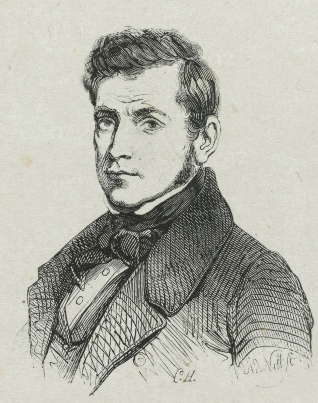 Portrait of Eugène Verboeckhoven, print, Portrait of the sculptor, painter and graphic artist Eugène Verboeckhoven., printmaker: Adolphe Frédéric Nett, after drawing by Eugène Verboeckhoven, 1832 - c. 1900, paper, wood engraving, height 87 mm x width 71 mm, Person, historical persons, portrait, self-portrait of artist, self-portrait of painter, self-portrait of sculptor, self-portrait or graphic artist, A black and white engraved portrait of a man shown from the chest upward facing slightly left, with short wavy hair, pronounced eyebrows, and a serious expression; he wears a high-collared shirt, a cravat tied at the neck, a waistcoat with buttons, and a coat with textured hatching; the background is plain textured paper.