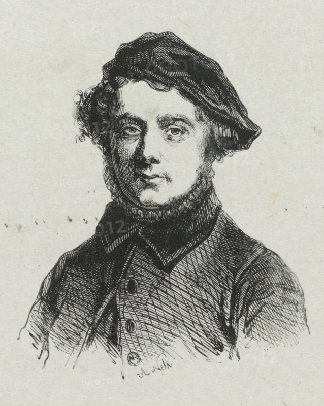 Portrait of the painter Charles Ferdinand Venneman, print, printmaker: Adolphe Frédéric Nett, after drawing by Charles Venneman, 1832 - c. 1900, paper, wood engraving, height 88 mm x width 71 mm, Person, historical persons, portrait, self-portrait of artist, self-portrait of painter, A monochrome ink drawing of a person shown from the chest up wearing a dark cap and a high-collared coat with visible buttons, the face rendered with fine line work showing short curly hair at the temples, expressive eyes looking forward, a straight nose, and a closed mouth, with textured shading on the cap, collar, and garment creating crosshatch patterns against a plain light background.
