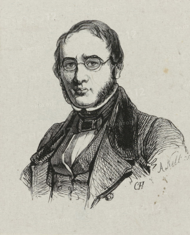 Portrait of André Benoit Barreau Taurel, print, Portrait of the engraver and etcher André Benoit Barreau Taurel., draftsman (artist): Adolphe Frédéric Nett, after drawing by Coenraad Hamburger, 1832 - c. 1900, draftsman (artist), paper, wood engraving, height 76 mm x width 63 mm, Person, Benoit Taurel, historical persons, portrait, self-portrait of artist, self-portrait of graphic artist, A black ink line drawing of a man from the chest up on a light textured background, showing a round-faced figure with short wavy hair and sideburns, small round eyeglasses, and a neutral expression; he wears a high-collared shirt, a bow or cravat at the neck, a waistcoat with visible buttons, and an overcoat with wide lapels rendered with crosshatching and parallel lines.