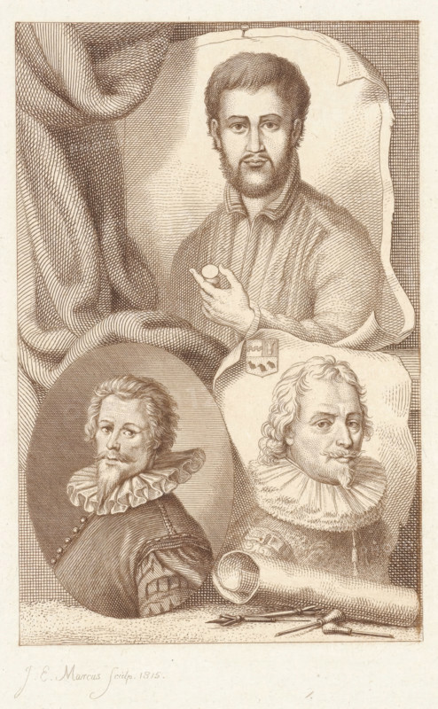 Portraits of Janus Secundus, Claes Abrahamsz. van Delft and Willem Jacobsz. Delff, print, Portraits of the humanist Janus Secundus and the artists Claes Abrahamsz. van Delft and Willem Jacobsz. Delff. In front of the portrait of the printmaker Delff lie burins, etching needles and a roll of paper., printmaker: Jacob Ernst Marcus, Amsterdam, 1815, paper, stippelets, etching, etching and stippelets in brown, height 231 mm x width 146 mm, Later state of the print used in: Roeland van Eynden, Adriaan van der Willigen, Geschiedenis der vaderlansche schilderkunst, sedert de helft der XVIII eeuw. Haarlem, A. Loosjes, Pz from vol. 3: Wed. A. Loosjes, 4 vols., 1816-40., Person, Willem Jacobsz Delff, Claes Abrahamsz. van Delft, Janus Secundus, A sepia-toned engraving shows three male portraits arranged within a single composition. At the top a bearded man faces forward, wearing a collared garment and holding a round object between his fingers, with drapery and a pinned backdrop behind him. Below...