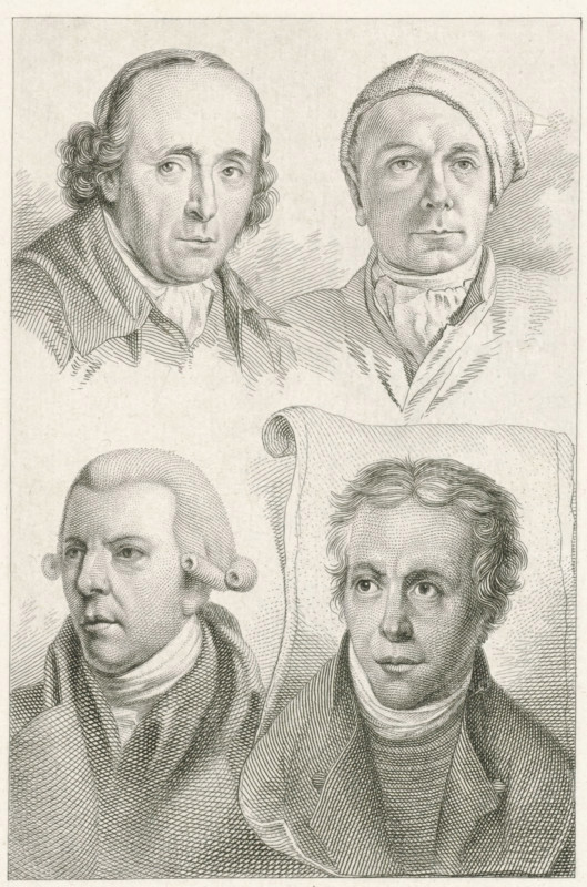 Portraits of Gerard van Nijmegen, Jacob Cats, Reinier Vinkeles and Dirk Langendijk, print, Portraits of the artists Gerard van Nijmegen, Reinier Vinkeles and Dirk Langendijk., printmaker: Jacob Ernst Marcus, Amsterdam, 1817, paper, etching, stippelets, etching and stippelets, height 219 mm x width 132 mm, Later state of the print used in: Roeland van Eynden, Adriaan van der Willigen, Geschiedenis der vaderlansche schilderkunst, sedert de helft der XVIII eeuw. Haarlem, A. Loosjes, Pz from vol. 3: Wed. A. Loosjes, 4 vols., 1816-40., Person, Reinier Vinkeles (I), Gerard van Nijmegen, Dirk Langendijk, A detailed engraved print shows four male bust portraits arranged in a two-by-two layout. The top left portrait depicts a man with a high forehead, receding hairline, and wavy hair at the sides, wearing a collared coat and a cravat. The top right portrait shows a man wearing a soft cap slouched to one side, with closely cropped hair and a layered collar and scarf. The lower left portrait feat...
