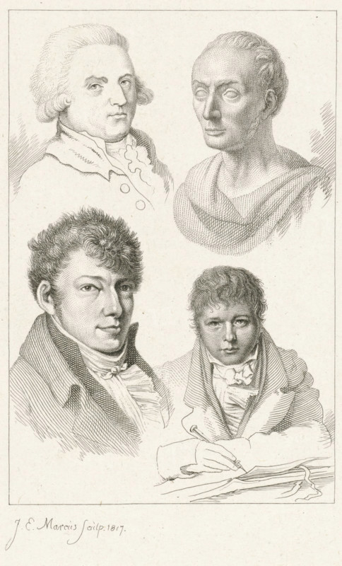 Portraits of JH Prins, J. Kuyper, WJ van Troostwijk and JP Visser Bender, print, Portraits of the artists Johannes Huibert Prins, Jacques Kuyper, Wouter Johannes van Troostwijk and Joannes Pieter Visser Bender., printmaker: Jacob Ernst Marcus, Amsterdam, 1817, paper, etching, stippelets, etching and stippelets, height 228 mm x width 133 mm, Later state of the print used in: Roeland van Eynden, Adriaan van der Willigen, Geschiedenis der vaderlansche schilderkunst, sedert de helft der XVIII eeuw. Haarlem, A. Loosjes, Pz from vol. 3: Wed. A. Loosjes, 4 vols., 1816-40., Person, Wouter Johannes van Troostwijk, Johannes Huibert Prins, Joannes Pieter Visser Bender, A monochrome engraved sheet shows four head-and-shoulder portraits arranged in a rectangular frame, each rendered with fine line work and dot shading. In the upper left is a man with powdered, curled hair, high collar, and a ruffled cravat, shown in three-quarter view with a composed expression. The upper right displays a bust with...