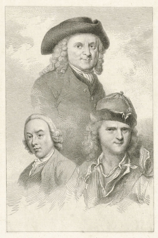 Portraits of Adam Silo, Jacobus Buys and Cornelis Pronk, print, Portraits of the artists Adam Silo, Jacobus Buys and Cornelis Pronk., printmaker: Jacob Ernst Marcus, Amsterdam, 1817, paper, etching, stippleets, etching and stipples, height 220 mm x width 133 mm, Later state of the print used in: Roeland van Eynden, Adriaan van der Willigen, Geschiedenis der vaderlansche schilderkunst, sedert de helft der XVIII eeuw. Haarlem, A. Loosjes, Pz from vol. 3: Wed. A. Loosjes, 4 vols., 1816-40., Person, Adam Silo, Cornelis Pronk, Jacobus Buys, A detailed engraved portrait shows three men with powdered, curled hair and period clothing; the largest figure is centered near the top wearing a broad-brimmed hat and a coat with visible buttons, his face turned slightly forward with a neutral expression and tightly curled hair framing his cheeks. Below him and to the left is a younger-looking man with smooth, curled hair, a high collar, and a composed expression, his shoulders draped in a coat with fi...