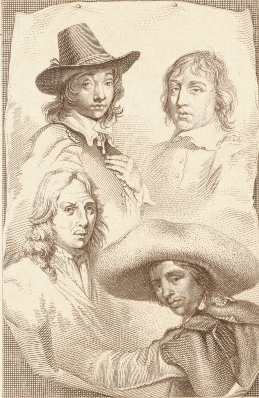 Portraits of Cornelis Visscher, Jan de Visscher, Richard Brakenburg and Quiringh Gerritsz. van Brekelenkam, print, Portraits of the artists Cornelis Visscher, Richard Brakenburg and Quiringh Gerritsz. van Brekelenkam., printmaker: Jacob Ernst Marcus, Amsterdam, 1815, paper, etching, stippleets, etching and stipples in brown, height 231 mm x width 144 mm, Later state of the print used in: Roeland van Eynden, Adriaan van der Willigen, Geschiedenis der vaderlansche schilderkunst, sedert de helft der XVIII eeuw. Haarlem, A. Loosjes, Pz from vol. 3: Wed. A. Loosjes, 4 vols., 1816-40., Person, Richard Brakenburg, Quiringh Gerritsz. van Brekelenkam, Cornelis Visscher (II), A detailed ink drawing of four men shown from the chest up arranged closely together, each with long hair and varied hats and collars. One man at upper left wears a wide-brimmed hat and a high collar with a row of small round buttons visible on his shoulder, his hand raised near his chest. To his right a man with tousled ha...