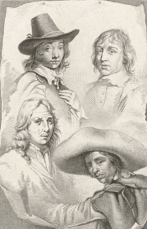 Portraits of Cornelis Visscher, Jan de Visscher, Richard Brakenburg and Quiringh Gerritsz. van Brekelenkam, print, Portraits of the artists Cornelis Visscher, Richard Brakenburg and Quiringh Gerritsz. van Brekelenkam., printmaker: Jacob Ernst Marcus, Amsterdam, 1815, paper, etching, stippelets, etching and stippelets, height 230 mm x width 144 mm, Later state of the print also used in: Roeland van Eynden, Adriaan van der Willigen, Geschiedenis der vaderlansche schilderkunst, sedert de helft der XVIII eeuw. Haarlem, A. Loosjes, Pz from vol. 3: Wed. A. Loosjes, 4 vols., 1816-40., Person, Richard Brakenburg, Quiringh Gerritsz. van Brekelenkam, Cornelis Visscher (II), A detailed black and white engraving of four men arranged in a close group, each shown from the shoulders up and rendered with fine crosshatching and stippling; one man near the top left wears a wide-brimmed hat with a ribbon, long wavy hair, a collared shirt, and a beaded accessory at the shoulder while his hand rests near h...