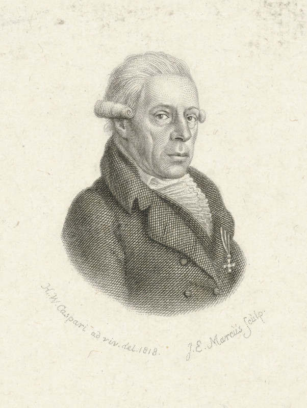Portrait of Rhijnvis Feith, print, Portrait of the poet and lawyer Rhijnvis Feith., printmaker: Jacob Ernst Marcus, Amsterdam, after drawing by Hendrik Willem Caspari, 1818 - 1826, paper, etching, stippelets, etching and stippelets, proof print, height 144 mm x width 104 mm, Person, Rhijnvis Feith, A finely detailed engraved portrait of a man shown from the chest up looking toward the viewer, with a powdered wig featuring rolled side curls and short hair combed back, a high-collared coat with wide lapels and textured crosshatching, a ruffled neckcloth peeking out from the collar, and a decorative medal pinned near the coat opening; the image is rendered in delicate stippling and line work on a light, slightly textured paper background.