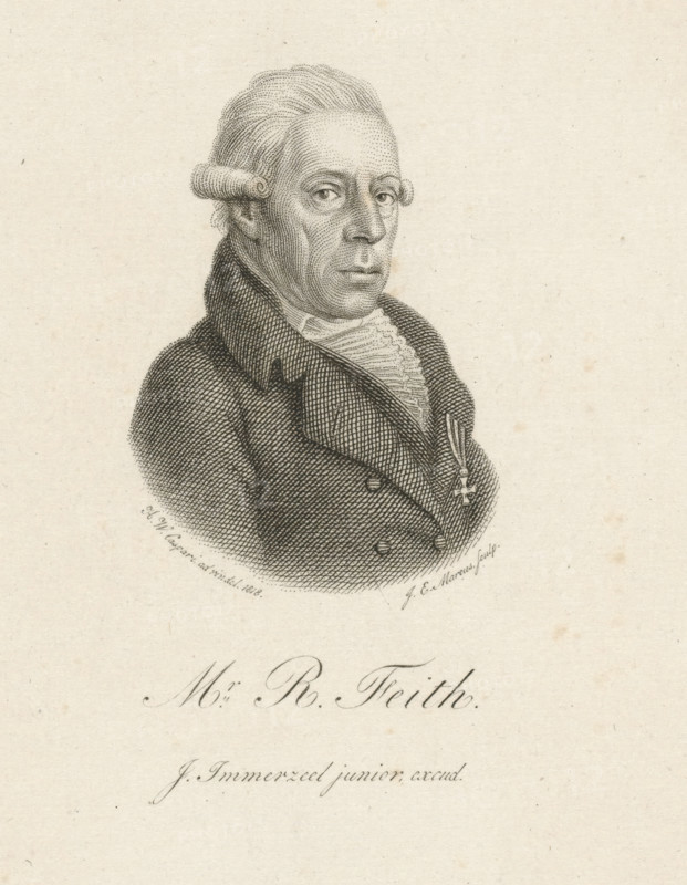 Portrait of Rhijnvis Feith, print, Portrait of the poet and lawyer Rhijnvis Feith., printmaker: Jacob Ernst Marcus, after drawing by Hendrik Willem Caspari, publisher: Johannes Immerzeel, Rotterdam, 1818 - 1826, paper, etching, stippelets, engraving, stippelets and gravure, height 144 mm x width 103 mm, Person, Rhijnvis Feith, A detailed black and white engraved portrait of a man shown from the chest up wearing a high-collared coat and a ruffled shirt, his hair styled back with rolled side curls, a small medal pinned to his coat, and a neutral facial expression with eyes looking slightly to the side, all on a light textured paper background.