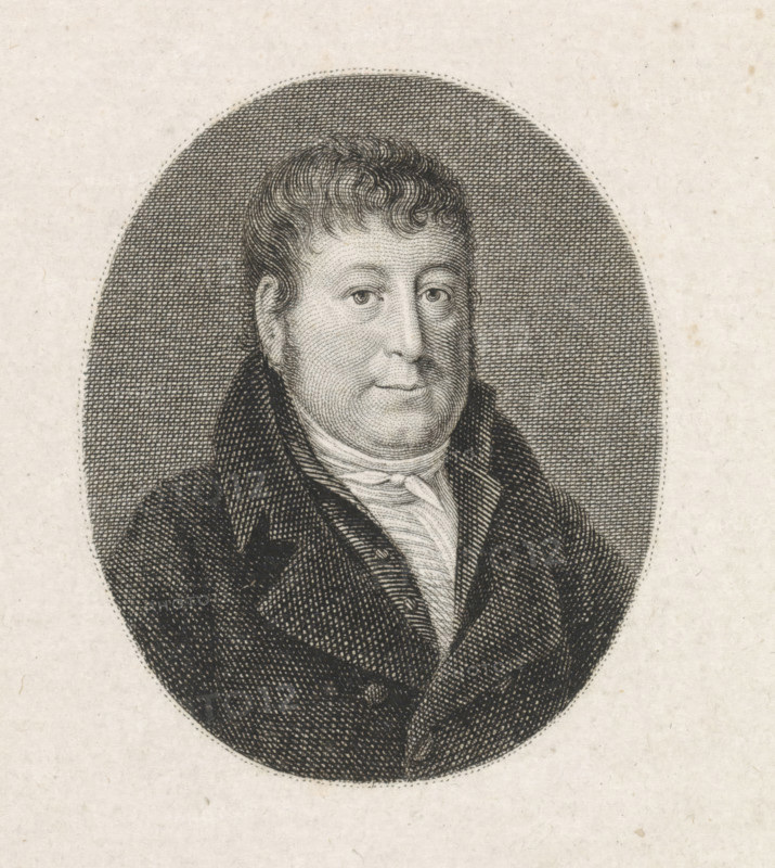 Portrait of J. de Jong, print, Portrait of J. de Jong. Possibly a fire insurer from Amsterdam or the writer Jacob de Jong., printmaker: Jacob Ernst Marcus, Amsterdam, 1784 - 1826, paper, etching, stippelets, etching and stippelets, height 122 mm x width 100 mm, A black and white engraved portrait of a middle-aged person shown from the chest up inside an oval frame, with short curly hair, a rounded face, and a neutral expression; the figure wears a dark coat with wide lapels over a high-collared white garment with visible folds, and the engraved background within the oval is densely crosshatched while the surrounding paper is light and textured.