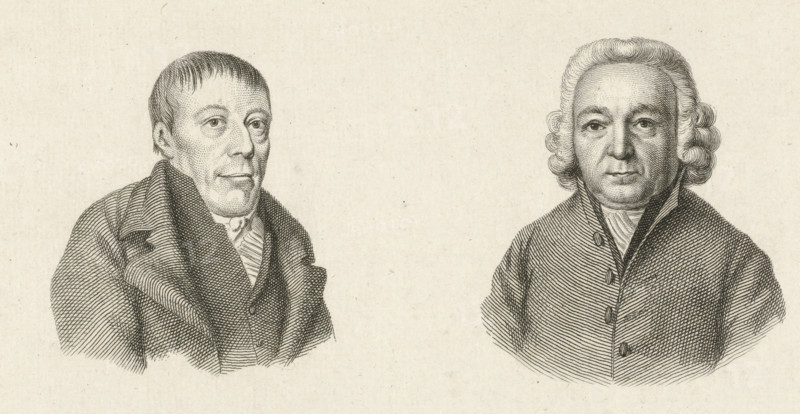 Portraits of Paulus van Hemert and Jean Henri van Swinden, Study print, Etudes engravées, print, Busts of the theologian Paulus van Hemert and the writer and mathematician Jean Henri van Swinden., :, FMP 5241-f, printmaker: Jacob Ernst Marcus, Amsterdam, after drawing by Hendrik Willem Caspari, 1814 - 1816, paper, etching, stippelets, etching and stippelets, proof print, height 102 mm x width 167 mm, Series first published by Jacob Ernst Marcus under the title Studiebeelden en Fragmenten. Amsterdam: ca.1816. Later republished as: Study print, Etudes gravées., Person, Jean Henri van Swinden, Paulus van Hemert, A sepia-toned engraving showing two male bust portraits facing forward on a textured paper background, one on the left with short straight hair, a high-collared coat folded over a scarf or cravat, and a lined, stippled face, and one on the right with curled, powdered-style hair, a buttoned coat with a high collar and a visible cravat, both rendered with fine parallel and cross-hat...