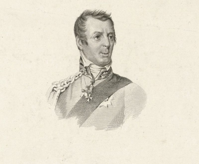 Portrait of Arthur Wellesley Wellington, Prince of Waterloo, print, printmaker: Jacob Ernst Marcus, Amsterdam, after painting by Rochard, 1815, paper, etching, stippelets, etching and stippelets, proof print, height 112 mm x width 180 mm, Etudes gravées. Amsterdam: S. de Grebber, 1826., Person, Arthur Wellesley of Wellington, A detailed monochrome engraving of an upper-body portrait showing a man turned slightly to his left, with short wavy hair and a high collared shirt; he wears a decorated uniform with a broad sash across his chest, ornate braided shoulder cords, and a pendant shaped like a star hanging from a ribbon, all rendered with fine crosshatching on a pale, textured paper background.