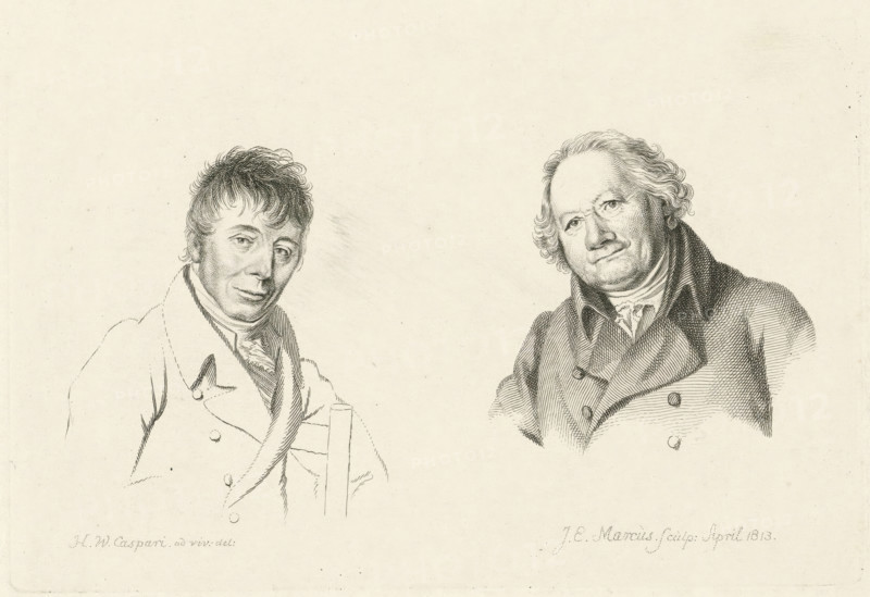 Portraits of Daniël Dupré and Christiaan Welmeer, Study print, Etudes gravées, print, Portraits of the artists Daniël Dupré and Christiaan Welmeer., printmaker: Jacob Ernst Marcus, Amsterdam, after drawing by Hendrik Willem Caspari, 1813-04, paper, etching, stippelets, etching and stippelets, height 124 mm x width 185 mm, Series first published by Jacob Ernst Marcus under the title Studiebeelden en Fragmenten. Amsterdam: ca.1816. Later reissued as: Study print, Etudes gravées., Person, Daniël Dupré, Christiaan Welmeer, Two seated men rendered in a fine line drawing, both shown from the chest up against a blank background; the man on the left has short tousled hair, a high-collared coat with visible buttons and a scarf or cravat around his neck, and he rests one arm on a chair back, his expression neutral; the man on the right has wavy hair combed back, a double-breasted coat with a high collar and a cravat, and he faces slightly toward the viewer with a calm expression, the shading and...