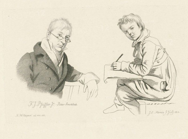 Drawing boy and the portrait of François Joseph Pfeiffer, Study print, Etudes gravées, print, Bust of the artist François Joseph Pfeiffer (II) leaning on the backrest of a chair and next to him an image of a seated, drawing boy., printmaker: Jacob Ernst Marcus, Amsterdam, after drawing by Hendrik Willem Caspari, 1815-07, paper, etching, stippelets, etching and stippelets, height 109 mm x width 174 mm, Series first published by Jacob Ernst Marcus under the title Studiebeelden en Fragmenten. Amsterdam: ca.1816. Later republished as: Study print, Etudes gravées., Person, François Joseph Pfeiffer (II), drawing, A monochrome line drawing of two seated figures facing slightly toward each other, one on the left wearing glasses and a high-collared coat with a patterned texture and clasped hands resting on an unseen surface, the other on the right depicted as a younger person holding a pencil and leaning over a flat board or book while seated on a simple bench, both rendered with fine crosshatc...
