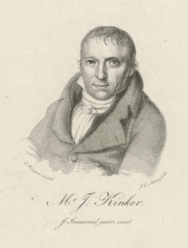 Portrait of Johannes Kinker, print, printmaker: Jacob Ernst Marcus, after drawing by Hendrik Willem Caspari, publisher: Johannes Immerzeel, Rotterdam, 1825, paper, etching, stippelets, engraving, stippelets and gravure, height 121 mm x width 101 mm, According to inscription on earlier state print also used in: Nederlandsche Muzen-Almanak. Seventh year. Rotterdam: J. Immerzeel, 1825., Person, Johannes Kinker, A detailed engraved portrait of a man shown from the chest up wearing a high-collared coat and a cravat, with short hair and a composed facial expression, rendered in fine parallel and cross-hatched lines on a light textured background.