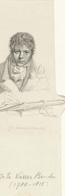 Portrait of Joannes Pieter Visser Bender, print, Portrait of the artist Joannes Pieter Visser Bender, drawing., name: 'Visser Bender (JP)', printmaker: Jacob Ernst Marcus, Amsterdam, after drawing by Joannes Pieter Visser Bender, 1812-08, paper, etching, stippelets, pen, stippelets and pen, height 220 mm x width 71 mm, Etudes gravées. Amsterdam: S. de Grebber, 1826., Person, painting, drawing and the graphic arts (artist at work), A finely detailed pencil or engraving portrait of a young person shown from the chest up, facing forward with short curly hair and a calm facial expression, wearing layered clothing including a high-collared shirt and a wrapped coat, one hand visible holding a writing implement positioned above an open book or ledger resting on a surface with ribbons or straps draped across it; the composition is centered on the figure against a plain light background with visible paper texture and faint additional handwritten marks near the bottom edge.