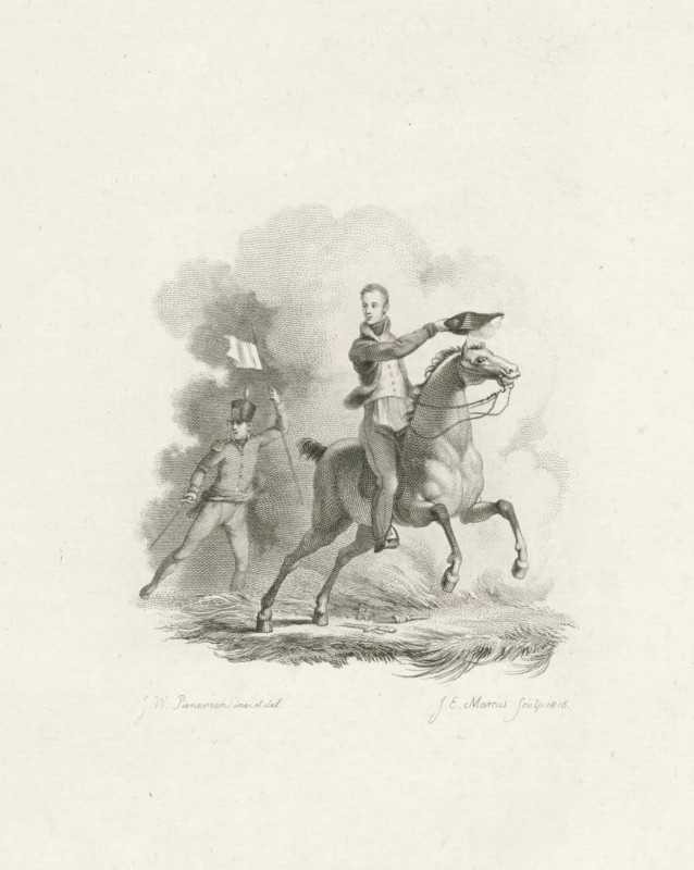Prince of Orange on horseback, 1815, print, Willem Frederik George, Prince of Orange, on horseback, during the battle of Quatre-Bras, June 16, 1815. Behind the prince an officer with a banner without inscription., printmaker: Jacob Ernst Marcus, Amsterdam, after drawing by Jan Willem Pieneman, 1816, paper, etching, engraving, etching and engraving, height 236 mm x width 156 mm, Person, William II of the Netherlands, riding a horse, ass, or mule, rider, horseman, the soldier, the soldier's life (cavalry, horsemen), horse in motion, Battle of Quatre Bras, Brabant, Quatre-Bras, Period, 1815-06-16, A monochrome engraving of a man on a rearing horse with one arm extended holding a hat, the rider wearing a coat and breeches and looking outward, the horse depicted with raised front legs and visible bridle and reins, behind them a second man in a uniform holding a flagpole and a sword with clouds or smoke forming a backdrop, the foreground showing textured ground and brush strokes beneath the ...