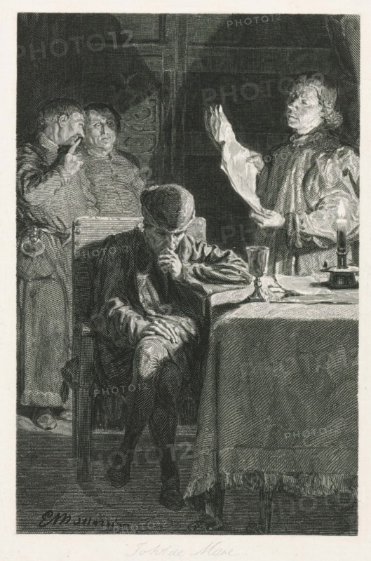Louis XI at the Bastille, Louis XI in the Bastille, print, Louis XI in the Bastille in Paris, seated at a table by candlelight, his hand on his chin. Behind him three figures. Depiction of a scene from 'Notre-Dame de Paris' by Victor Hugo from 1931., inscription: 'engraving de commerce, Louis XI à la Bastille. Notre Dame de Paris, Victor Hugo', printmaker: Johannes de Mare (signed by artist), 1831 - 1889, paper, chine collé, pencil, steel engraving, steel engraving and pencil on chine collé, height 173 mm x width 189 mm, Print after a scene from: Hugo, Victor. Notre-Dame de Paris. Paris: Gosselin, 1931., Person, Victor Hugo, Louis XI (King of France), candle, Paris, Bastille, A monochrome etching shows an interior scene with four men. In the foreground a seated man leans forward with his head resting on one hand and the other hand on his knee, wearing a cap and heavy robe. To his right a table covered with a fringed cloth holds a goblet, papers, and a lit candle in a candlestick. Behin...
