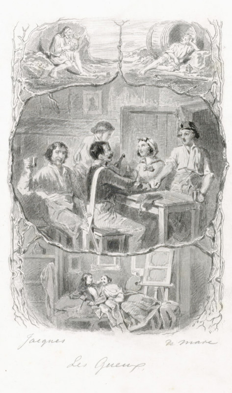 Les Gueux, Company around a table, print, A company (Geuzen) around a table: two men shaking hands, a woman and a man in conversation, and a man raising his glass to the viewer. Image surrounded by a cartouche of branches with three more scenes around it: top left a man with a harp, top right Diogenes by his barrel, and below a couple lying on a bench by paintings. Scene from a chanson by Pierre-Jean de Béranger., inscription: 'remained unfinished, Perrotin éditeur, chansons de Béranger', printmaker: Johannes de Mare (signed by artist), after design by Jacques (inventor), 1816 - 1889, paper, pencil, steel engraving, steel engraving and pencil, proof, height 257 mm x width 178 mm, Person, Pierre-Jean de Béranger, drinking, couple of lovers, table, (story of) Diogenes, the philosopher, A tall, narrow black and white engraving divided into three horizontal vignette scenes framed by entwined branches, with the top showing two separate cave-like openings each containing a reclining figure, ...