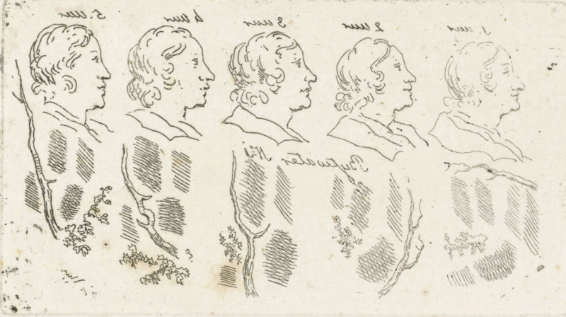 Study sheet with heads, branches and hatching, print, inscription: '5 o'clock, 4 o'clock, 3 o'clock, 2 o'clock, 1 o'clock', inscription: 'Bytwater no.1', printmaker: Anthonie Willem Hendrik Nolthenius de Man, Nijmegen, The Hague, 1803 - 1842, Anthonie Willem Hendrik Nolthenius de Man, paper, etching, height 46 mm x width 83 mm, head (human) (right side visible, right - (right hand, right foot, etc.)), A horizontal ink drawing on aged paper showing five similar profile portraits of a man facing right, arranged in a row, each rendered with simple contour lines depicting hair, forehead, nose, lips, chin, ear, and a suggestion of a collar and shoulder; beneath and between the portraits are short vertical and diagonal hatch marks and thin, irregular branch-like lines, along with small clusters of foliage-like scribbles, all in a monochrome pen-and-ink style on a textured, slightly speckled background.