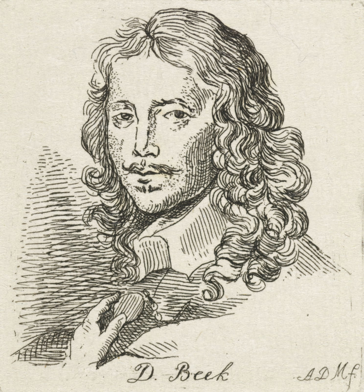 Portrait of a man, print, Bust facing left of an unknown man with long hair., printmaker: Anthonie Willem Hendrik Nolthenius de Man, Nijmegen, The Hague, after design by David Beck, 1803 - 1842, paper, etching, height 60 mm x width 55 mm, adult man, hairdress, A detailed ink drawing of a man shown from the chest up with long wavy hair that falls in ringlets around his shoulders, a narrow face with a mustache and small goatee, slightly downcast eyes and defined eyebrows, a collar visible at his neck, one hand raised holding an oval object, and textured background shading created with closely spaced lines.