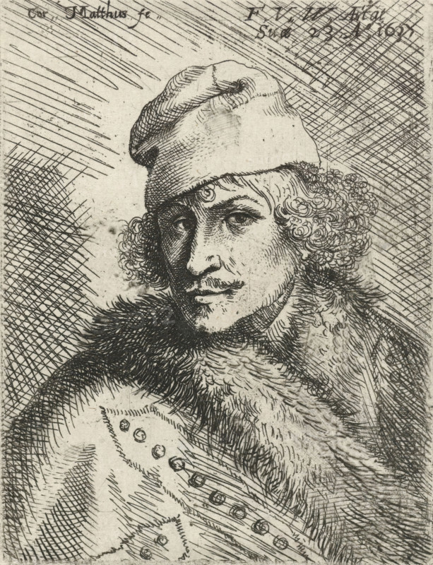 Portrait of Frans van den Wijngaerde, print, Portrait of printmaker and publisher Frans van den Wijngaerde at the age of 23 with a cap on his head., printmaker: Cornelis Matthieu, Antwerp, 1637, paper, etching, height 87 mm x width 66 mm, Person, Frans van den Wijngaerde, A black and white etched portrait of a person from the shoulders up wearing a soft cap and a heavy fur-lined garment, showing a three-quarter view of the face turned slightly right with curly hair peeking from under the cap, detailed etched lines forming expressive eyes, a straight nose, and a small mustache and beard, with dense crosshatched shading in the background and fine linear textures rendering the fur, fabric folds, and facial features.