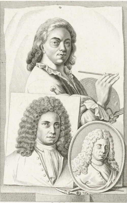 Portraits of NN Roukens, Hendrik Soukens and Frans van Eynden, print, In the background the portrait of artist Hendrik Soukens with a palette and brush in his hand. Opposite it the portrait of artist Frans van Eynden. Next to it in an oval frame the portrait of metal engraver, draftsman and sculptor NN Roukens., Wurzbach 1, printmaker: Pieter van der Meulen, Amsterdam, publisher: Adriaan Pietersz. Loosjes (possibly), Haarlem, 1816, paper, stippelets, engraving, stippelets and engraving, proof print, height 223 mm x width 153 mm, Print possibly used in: Eynden, Roeland van, Adriaan van der Willigen. Geschiedenis der Vaderlandsche Schilderkunst, sedert de helft der XVIIIe eeuw. Haarlem: Adriaan Loosjes Pz, vol. 1, p. 332., Person, Hendrik Soukens, Frans van Eynden, NN Roukens, portrait, self-portrait of artist, An engraved composition showing three male portrait images arranged together: a larger bust of a man with long wavy hair turned slightly to the side, wearing a ruffled collar and ...