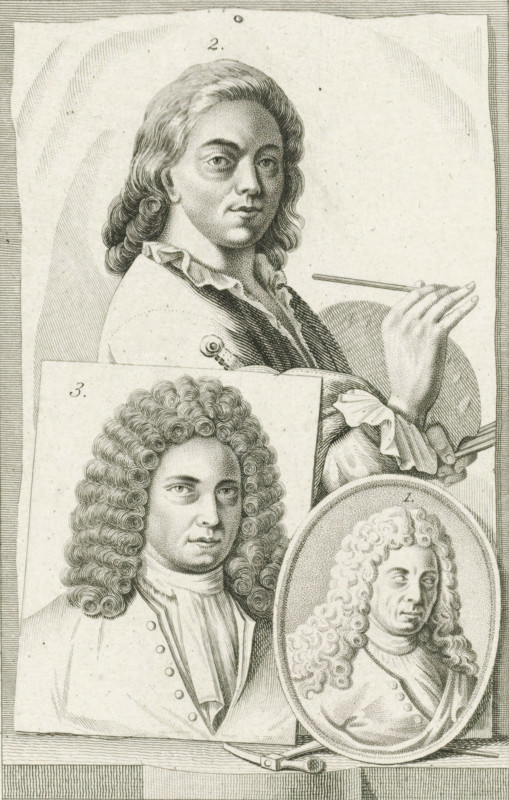 Portraits of NN Roukens, Hendrik Soukens, and Frans van Eynden, print, book illustration, In the background, the portrait of artist Hendrik Soukens with a palette and brush in his hand. Opposite this, the portrait of artist Frans van Eynden. Next to it, in an oval frame, the portrait of metal engraver, draftsman, and sculptor NN Roukens. The portraits are numbered: 1-3., printmaker: Pieter van der Meulen, Amsterdam, publisher: Adriaan Pietersz. Loosjes, Haarlem, 1816, paper, stippelets, engraving, stippelets and gravure, height 223 mm x width 153 mm, Print used in: Eynden, Roeland van, Adriaan van der Willigen. History of National Painting, since the middle of the 18th century. Haarlem: Adriaan Loosjes Pz, vol. 1, p. 332., Person, Frans van Eynden, NN Roukens, portrait, self-portrait of artist, A vertical engraved plate showing three portrait images arranged together: at the top a bust of a person with long wavy hair turned slightly to the viewer's left, wearing a ruffled collar and ho...