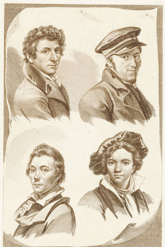 Four portraits of artists, print, Four portraits of artists., printmaker: Pieter van der Meulen, Amsterdam, publisher: Adriaan Pietersz. Loosjes (possibly), Haarlem, 1820, paper, etching, brown print, brown etching, proof print, height 244 mm x width 145 mm, Print possibly used in: Eynden, Roeland van, Adriaan van der Willigen. Geschiedenis der Vaderlandsche Schilderkunst, sedert de helft der XVIIIe eeuw. Haarlem: Adriaan Loosjes Pz (widow), vol. 3, p. 332., portrait, self-portrait of artist, A sepia-toned engraving showing four male bust portraits arranged in a two-by-two layout on a decorated sheet with a bordered edge; the top left portrait shows a man with short curly hair turned slightly to his right wearing a high-collared coat and cravat, the top right portrait shows a man in a flat cap turned slightly to his left wearing a coat with a turned-up collar, the bottom left portrait shows a younger-looking man with wavy hair and a scarf tucked into his coat facing slightly to his rig...