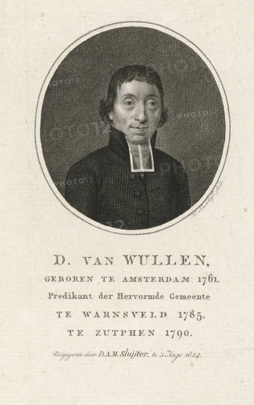 Portrait of Dirk van Wullen, D. van Wullen, print, Reformed minister in Warnsveld and Zutphen, dressed in a black coat with a white collar. Bust facing right in a circle. At the bottom in the margin a four-line text in Dutch., inscription: '1761-', printmaker: Walraad Nieuwhoff, publisher: DAM Sluyter, The Hague, 1824, paper, etching, engraving, etching and engraving, height 173 mm x width 117 mm, Person, Dirk van Wullen, A black and white engraved portrait of a man shown from the chest up inside a circular frame, wearing a dark high-collared garment and a narrow rectangular clerical neckpiece extending down his chest, with short dark hair and side curls, neutral facial expression, and a lightly textured stippled background; the portrait is centered on a light paper with additional printed lines below the circle.