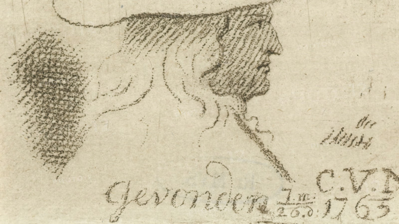 Portrait of Cornelis van Noorde, print, Portrait of the artist Cornelis van Noorde with a hat on his head. At the bottom the text: Found on 26. 6. 1765., printmaker: Cornelis van Noorde, Haarlem, 1765, paper, print drawing, crayon manner, etching in crayon manner, height 51 mm x width 65 mm, Person, A pencil sketch on aged paper showing a profile of a head with a prominent nose and chin rendered with short, closely spaced strokes, a shaded cap or hair across the forehead, loose wavy lines suggesting longer hair flowing down, a dense stippled patch of shading to the left, and faint ornamental flourishes and decorative marks near the lower edge.