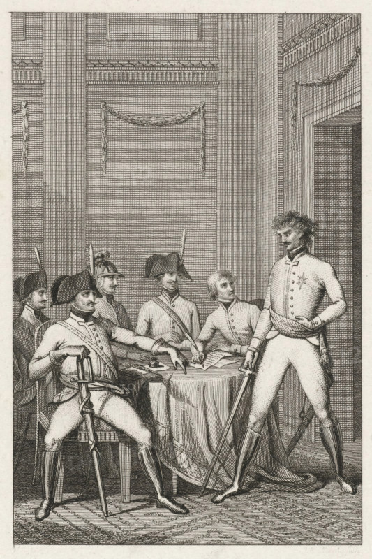 Officers in an interior, print, Five officers in an interior, seated around a table. A sixth officer stands with his sword in hand by the doorway., printmaker: Jacob Ernst Marcus, Amsterdam, after drawing by P. Humbert, 1801, paper, etching, stippelets, etching and stippelets, proof print, height 200 mm x width 121 mm, Later state of the print possibly used in: FW Ziegler, De lauwerkrans, of Het autoriteit der wetten : tooneelspel. Amsterdam: Wed. J. Dóll, 1801., meeting of soldiers and, or officers, An engraved scene showing a group of men in historical military-style clothing gathered around a table in a room with tall paneled walls and decorative garlands. Several seated men wear bicorne hats and uniforms with sashes and buttons, one seated figure holds a sword with its tip on the floor and rests an arm on the table, while another seated figure leans forward, pointing at papers on the covered table. A standing man in a decorated coat and boots faces the seated group with one hand on...