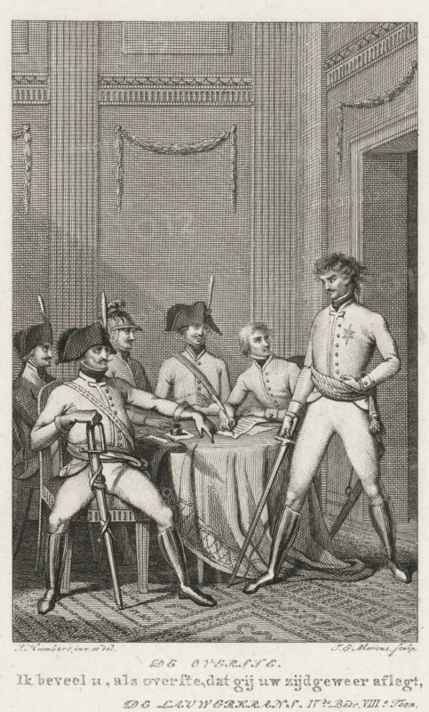 The Colonel, Officers in an Interior, print, book illustration, Five officers in an interior, seated around a table. A sixth officer stands with his sword in hand by the doorway. Marked lower right: IVth Commandment VIIIth Commandment, printmaker: Jacob Ernst Marcus, Amsterdam, after drawing by P. Humbert, publisher: widow Jan Dóll (possibly), 1801, paper, etching, stippelets, etching and stippelets, height 200 mm x width 121 mm, Print possibly used in: FW Ziegler, The Laurel Wreath, or The Authority of the Laws: play. Amsterdam: Wed. J. Dóll, 1801., meeting of soldiers and, or officers, An engraved interior scene shows a group of uniformed men gathered around a draped table beneath high paneled walls with decorative garlands; several seated figures wear bicorne hats and boots and hold swords while one stands to the right in a decorated coat with a sash and hand resting on a sword, and another seated figure leans forward pointing at papers on the table as others look on.