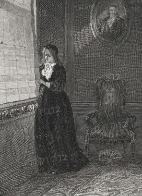 Crying woman looks through a gap in the curtain, print, book illustration, A crying woman, with a handkerchief in her hand, looks past the curtain to the outside. On the wall the portrait of a man and underneath a chair., printmaker: Willem Steelink (I), Amsterdam, after design by Diederik Franciscus Jamin, publisher: Arie Cornelis Kruseman, Haarlem, 1865, paper, steel engraving, etching, steel engraving and etching, height 158 mm x width 114 mm, Title page for: Aurora. Yearbook for 1865. Haarlem: Arie Cornelis Kruseman, 1865., weeping, view through a window from the inside, A monochrome engraving shows a woman standing by a tall window with patterned drapery, fingers lightly touching the curtain and her face turned downward; she wears a dark full-length dress with a light ruffled collar and long sleeves, and her hair falls in waves around her shoulders. To her right is an upholstered armchair with carved wooden arms and an ornate crest on its back, and a small cushioned footstool sits...