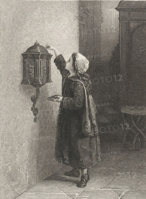 Girl puts money in the collection box, print, book illustration, A girl puts money into a collection box in a church., printmaker: Willem Steelink (I), after design by Diederik Franciscus Jamin, publisher: Arie Cornelis Kruseman, Haarlem, 1861, paper, steel engraving, etching, steel engraving and etching, height 182 mm x width 114 mm, Illustration for: Aurora. Yearbook for 1861. Haarlem: Arie Cornelis Kruseman, 1861., money-chest, treasure-chest, money-box, A monochrome engraving shows a young person standing indoors beside a wall-mounted box with a domed lid and decorative panels, reaching up with one hand toward the lid while holding a small book in the other hand; the figure wears a long dark robe with wide sleeves, a head covering that drapes down the back, and shoes with buckles, and their profile faces the box; the scene includes the textured wall behind the box, a dark open doorway or recess to the right, a round stool with curved legs partially visible, and a floor with visible...