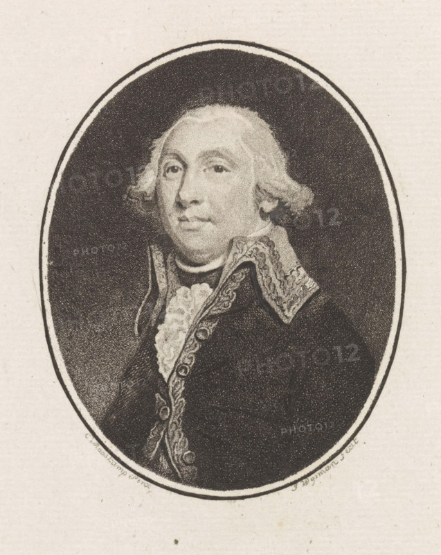 Portrait of Jan Willem de Winter, print, admiral and commander of the Dutch fleet., inscription: 'DeWinter', printmaker: Jacobus Wijsman, Amsterdam, after painting by Evert Maaskamp, 1795 - 1812, paper, etching, height 195 mm x width 118 mm, Person, Jan Willem de Winter, An oval-framed black and white engraving of a bust portrait showing a man with powdered hair styled away from his face and curled at the sides, a rounded forehead, arched eyebrows, and a composed expression. He wears a high-collared coat with decorative trim and buttons, and a frilled cravat at the neck. The background within the oval is dark and textured, while the surrounding paper is light with subtle speckling.