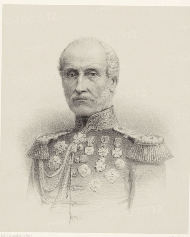 Portrait of Charles Nepveu, print, The sitter wears a military uniform with epaulets with three stars and twelve decorations on his chest. Below the portrait is his signature., printmaker: Adrien Canelle, printer (person): Samuel Lankhout, The Hague, 1856 - 1867, printer (person), paper, chine collé, lithography, lithography on chine collé, height 448 mm x width 320 mm, Person, Charles Nepveu, historical persons (head (and shoulders) (portrait)), knighthood order, A detailed pencil drawing of an older man shown from the chest up wearing a formal military uniform with ornate epaulettes and multiple decorative medals and star-shaped badges across his chest, his face framed by short wavy hair and sideburns, a mustache, and a solemn expression, set against a plain light background.
