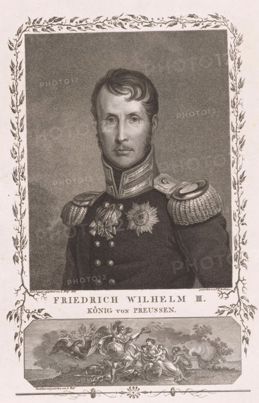 Portrait of Friedrich Wilhelm III of Prussia, print, printmaker: Friedrich Wilhelm Bollinger, Berlin, after drawing by Ludwig Wolf, after design by François Gérard, publisher: Ludwig Wilhelm Wittich, 1816 - 1825, paper, etching, stippelwerk, height 291 mm x width 206 mm, Person, Frederick William III King of Prussia, historical persons, knighthood order, (military) uniforms, specific aspects, allegorical aspects of Mars, Mars as patron, knighthood order (with NAME) - insignia of a knighthood order, eg: badge, chain (with NAME of order), A detailed engraved portrait of a man shown from the chest up wearing a dark military uniform with ornate shoulder epaulettes and decorative medals on his chest, his face framed by short hair with a curled fringe and sideburns, set against a stippled background and enclosed within a decorative leafy border, with an ornamental vignette depicting classical figures and an eagle beneath the portrait.