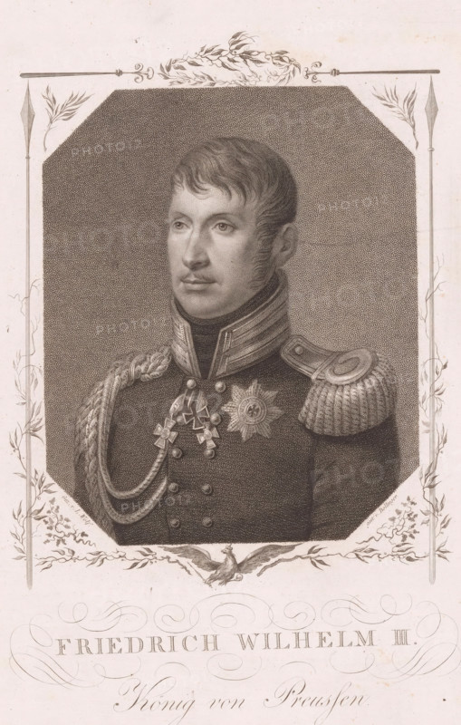 Portrait of Friedrich Wilhelm III, King of Prussia, print, printmaker: Friedrich Wilhelm Bollinger, Berlin, after drawing by Ludwig Wolf, publisher: Baptista Weiss, 1797 - 1825, paper, stippelwerk, etching, height 315 mm x width 242 mm, Person, Frederick William III King of Prussia, historical persons, knighthood order, (military) uniforms, knighthood order (with NAME) - insignia of a knighthood order, eg: badge, chain (with NAME of order), A monochrome engraved portrait of a man shown from the chest up, facing slightly to his left, with short hair and sideburns, wearing a high-collared military uniform with decorative braiding across the chest and an epaulette on his right shoulder, a star-shaped medal and a cross-shaped decoration pinned to his chest, set against a densely stippled octagonal background, all framed by ornamental vertical borders with floral and spear-like motifs and a decorative crest with foliage above and a bird with outstretched wings below.