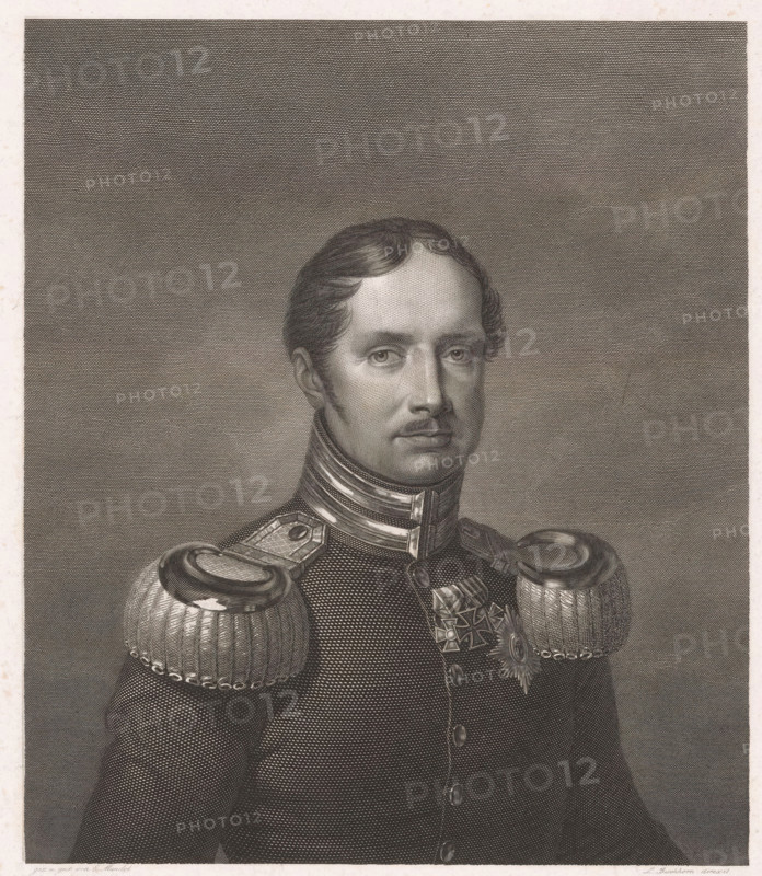 Portrait of Friedrich Wilhelm III of Prussia, print, printmaker: Eduard Mandel, Berlin, printer (person): Hampe, supervision: Ludwig Buchhorn, 1820 - 1882, printer (person), paper, etching, engraving, etching and engraving, height 270 mm x width 210 mm, Person, Frederick William III King of Prussia, historical persons, A monochrome engraved portrait of a man shown from the chest up wearing a decorated military uniform with ornate shoulder epaulettes and a high collar; he has short, neatly combed hair, a mustache and a small soul patch, and a calm, forward gaze; the uniform displays medals and a star-shaped decoration on the chest, textured fabric patterns across the coat, and polished metallic details on the epaulettes; the background is a finely crosshatched plain field.