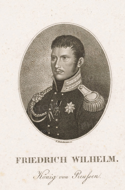 Portrait of Frederick William III, print, printmaker: Friedrich Fleischmann, publisher: Friedrich Campe, Nuremberg, 1801 - 1834, Bavaria, paper, engraving, stippelwerk, height 182 mm x width 134 mm, Person, Frederick William III king of Prussia, historical persons, ruler, sovereign, An oval engraved portrait of a man shown from the chest up wearing a dark military uniform with ornate shoulder epaulettes and braided cords, a high collar with decorative trim, a cross-shaped medal and a star-shaped badge on his chest, short dark hair with a fringe, sideburns, and a neutral facial expression, set against a stippled background and surrounded by a light textured paper.