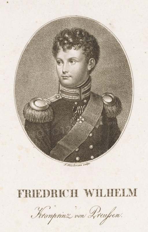 Portrait of Frederick William IV, print, printmaker: Friedrich Fleischmann, publisher: Friedrich Campe, Nuremberg, 1801 - 1834, Bavaria, paper, engraving, stippling, height 182 mm x width 126 mm, Person, Frederick William IV (King of Prussia), historical persons, ruler, sovereign, An oval engraved portrait of a young man shown from the chest up wearing a dark military uniform with a high, decorated collar and epaulets with fringes, a diagonal sash across his chest, and two medals suspended at his throat; he has short, curly hair and a neutral facial expression while looking slightly to one side, and the oval sits on a textured background within a blank paper sheet.