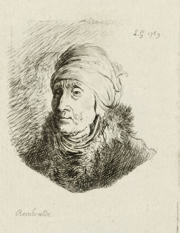 Bust of an old woman with a turban, print, printmaker: Sauveur Legros, after design by Rembrandt van Rijn, 1789, paper, etching, height 88 mm x width 63 mm, head-gear: turban, old woman, historical persons (portraits and scenes from life), A detailed ink drawing of an elderly person shown from the shoulders up wearing a wrapped head covering and a heavy fur-lined collar, with fine crosshatched shading around the head and clothing, visible facial wrinkles and a contemplative expression, and textured line work creating shadow and depth against a plain background.