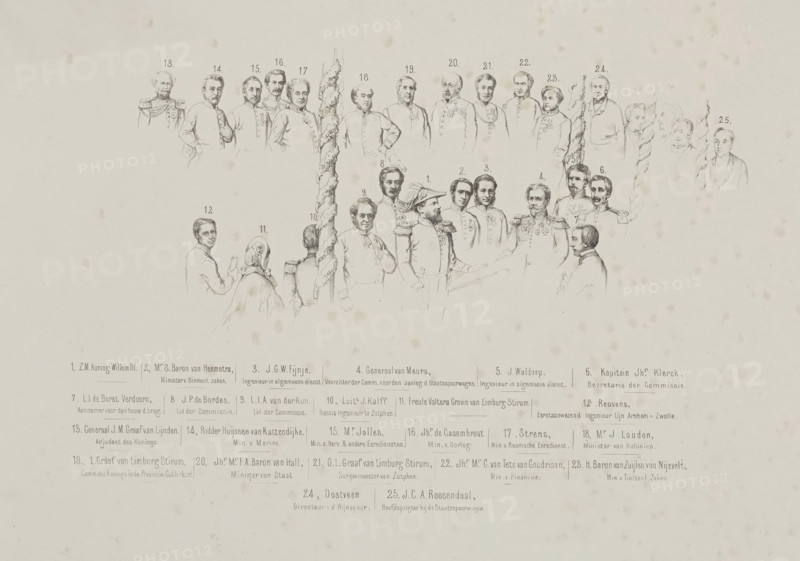 Key to the print of the laying of the foundation stone by the King at the railway bridge in Zutphen, 1861, print, The key belonging to the print of the ceremony of laying the foundation stone for the railway bridge in Zutphen, performed by King William III on October 22, 1861. With the names numbered 1-25., printmaker, after print by, printer (person), Netherlands, The Hague, Wilhelmus Cornelis Chimaer van Oudendorp, paper, lithography, height 363 mm x width 547 mm, Person, William III (King of the Netherlands), ceremonial laying of the foundations, laying the first stone, Zutphen (city), Oude IJsselbrug (1865), Period, 1861-10-22, A sepia-toned lithograph showing a semicircular arrangement of pencil-like portrait sketches of men in period military and civilian dress, many wearing uniforms with epaulettes and decorative buttons and some with facial hair, all drawn with light, detailed lines; a central vertical ornamental column with a leafy, twisted design divides the group, and two se...