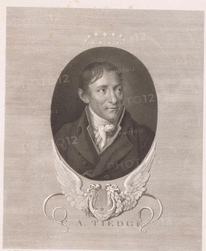 Portrait by Christoph August Tiedge, print, printmaker: Johann Christian Benjamin Gottschick, after painting by Friedrich Georg Weitsch, after drawing by Johann Friedrich Baumann, publisher: Johann Gottfried Renger, Halle an der Saale, 1822, Saxony-Anhalt, paper, steel engraving, height 357 mm x width 257 mm, Person, Christoph August Tiedge, historical persons, lyre, cithara, psaltery, honoring the artist, An engraved portrait shows a man from the chest up inside an oval frame, facing slightly to his left with short hair and a calm expression. He wears a high-collared coat and a knotted neckcloth with visible folds. Above the oval are small stars arranged in an arc. Below the oval a decorative emblem features a lyre surrounded by drapery and laurel, flanked by a pair of stylized wings and curving ornamental ribbons. The background consists of fine horizontal lines filling the page.