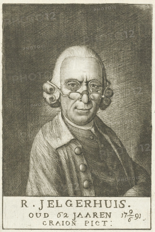Self-portrait of Rienk Jelgerhuis, print, wearing double glasses. In the margin the name and age of the artist., printmaker: Rienk Jelgerhuis, Leeuwarden, 1791, paper, etching, sugar-lift, etching and sugar aquatint, height 157 mm x width 109 mm, Person, eyeglasses, spectacles, A monochrome etched portrait of an older man shown from the chest up, facing slightly to the viewer's left with a neutral expression; he has a high forehead and styled hair drawn back and curled at the sides, and he wears round spectacles perched low on his nose as well as another pair higher on his face, with visible lashes and furrowed brow. He is dressed in a buttoned coat over a vest and shirt with a high collar, the clothing rendered with fine crosshatching and textured shading. The background is heavily hatched, darker at the top and lighter around the figure's head, and the lower edge of the image includes a blank band beneath the portrait.