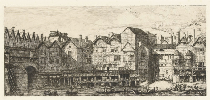 Part of Paris late seventeenth century, Rear facades of houses with furriers on the Seine near Pont-au-Change in Paris, Part of the city towards the end of the 17th century, print, Cityscape of Paris with rear facades of houses, probably located on the Rue de la Pelleterie, near the Pont-au-Change in Paris. Furriers were active in this street and are depicted on the bank of the Seine at work. Meryon was inspired by a seventeenth-century example. On the left, a small section of the Pont-au-Change with buildings is still visible in the print, and the towers of Notre-Dame are also just barely visible. These details are an addition by the artist., printmaker: Charles Meryon, after drawing by anonymous, 1861, paper, etching, height 153 mm x width 320 mm, height 325 mm x width 493 mm, Print after an anonymous drawing with some architectural additions by the artist (De Groot 1991, p. 76)., city-view in general, 'veduta', Paris, A wide riverside scene showing a row of timber-framed and stone b...