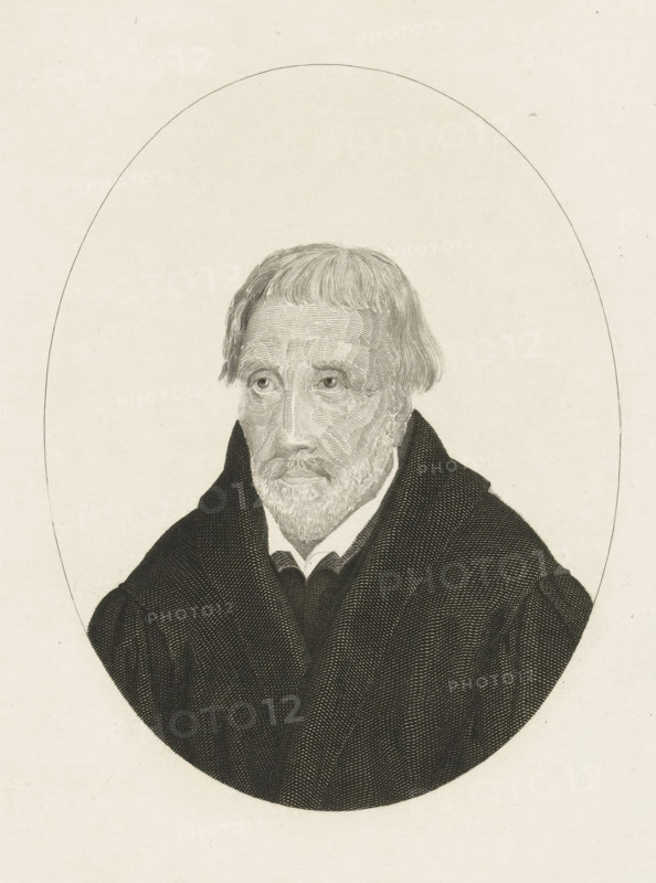 Male bust in oval, print, printmaker: Henricus Wilhelmus Couwenberg, Amsterdam, 1829 - 1845, paper, etching, engraving, engraving and etching, height 270 mm x width 190 mm, anonymous historical person portrayed, A monochrome engraved portrait of an older man shown from the chest up inside an oval frame, with short, straight hair and a fringe, a beard and mustache rendered with fine linework, wearing a dark textured cloak or heavy garment over a lighter collar, his face detailed with closely spaced lines indicating skin texture and shadows, and a plain light background surrounding the oval.